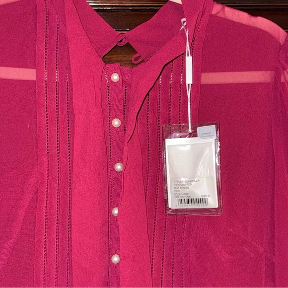 NWT Self-Portrait Hot Pink Tie-Neck Pleated Chiffon Midi Dress w/ Pearls Sz 8